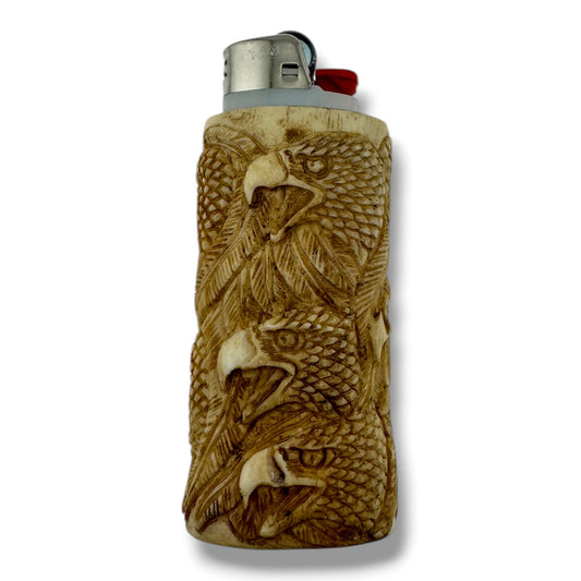 Hand Carved Eagle Heads Totem Lighter Case | Fits Large Bic - SunWest Treasures