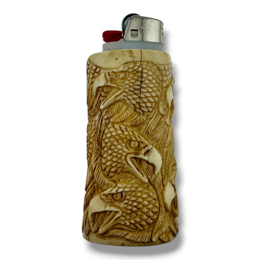 Hand Carved Eagle Heads Totem Lighter Case | Fits Large Bic - SunWest Treasures