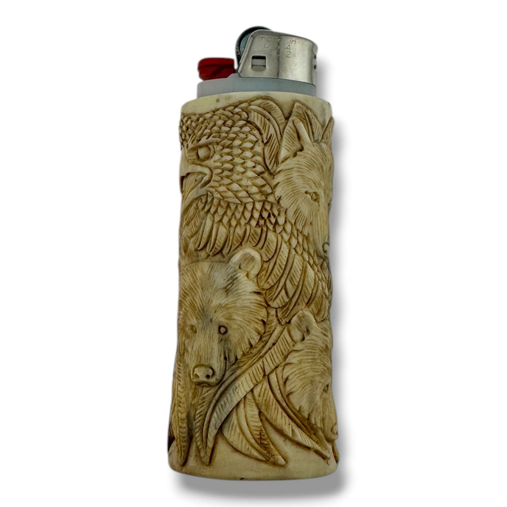 Hand Carved Wildlife Totem Lighter Case | Bear, Eagle & Wolf | Fits Large Bic - SunWest Treasures