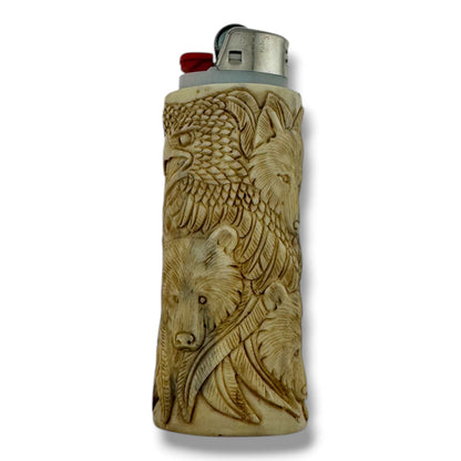 Hand Carved Wildlife Totem Lighter Case | Bear, Eagle & Wolf | Fits Large Bic - SunWest Treasures
