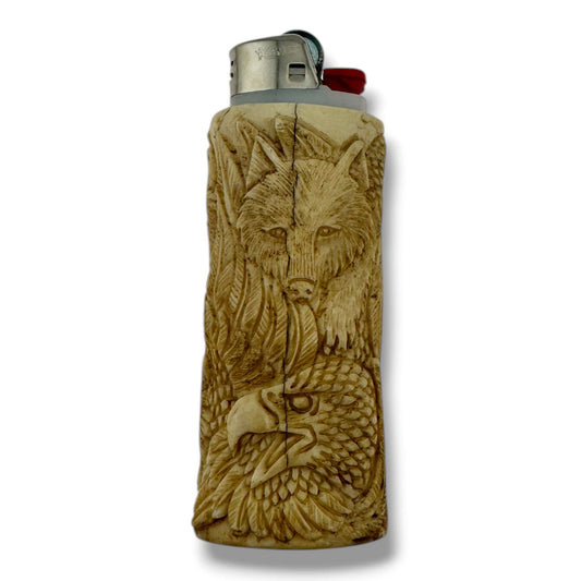 Hand Carved Wildlife Totem Lighter Case | Bear, Eagle & Wolf | Fits Large Bic - SunWest Treasures