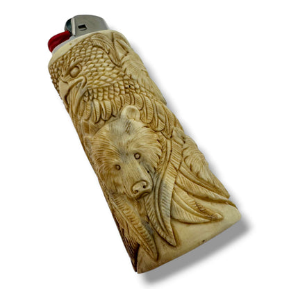 Hand Carved Wildlife Totem Lighter Case | Bear, Eagle & Wolf | Fits Large Bic - SunWest Treasures