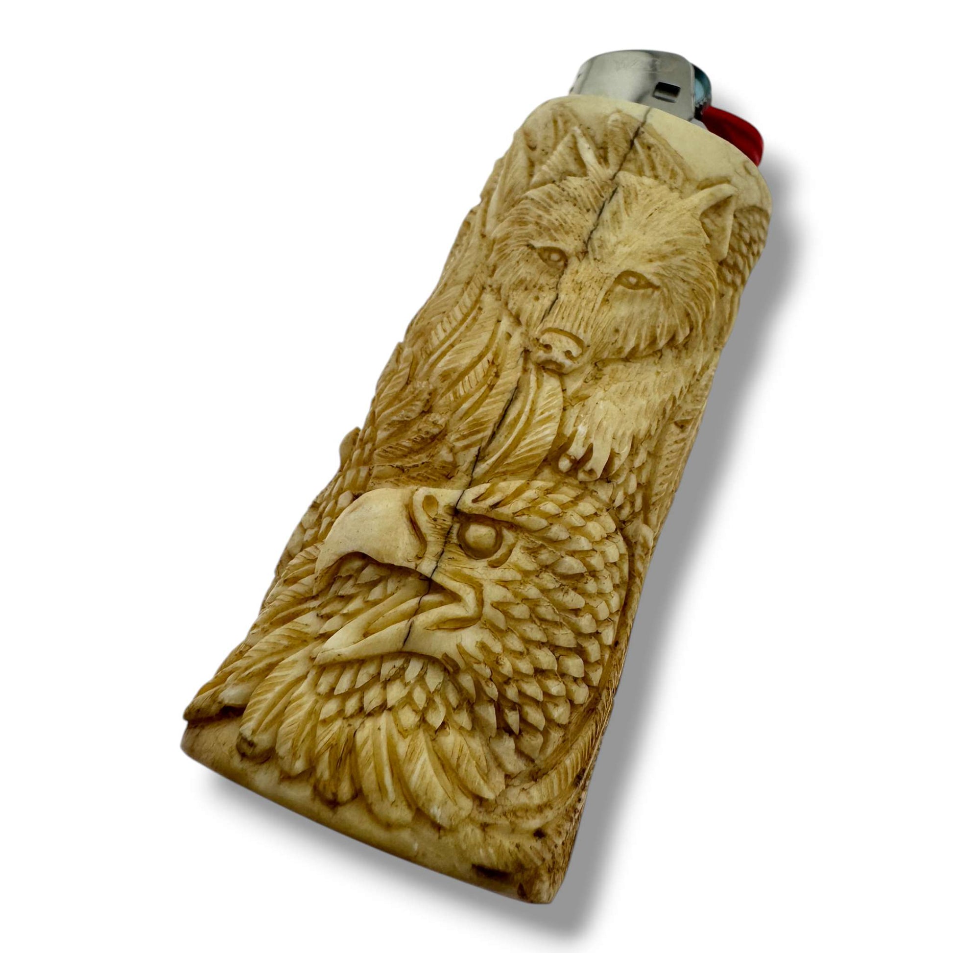 Hand Carved Wildlife Totem Lighter Case | Bear, Eagle & Wolf | Fits Large Bic - SunWest Treasures