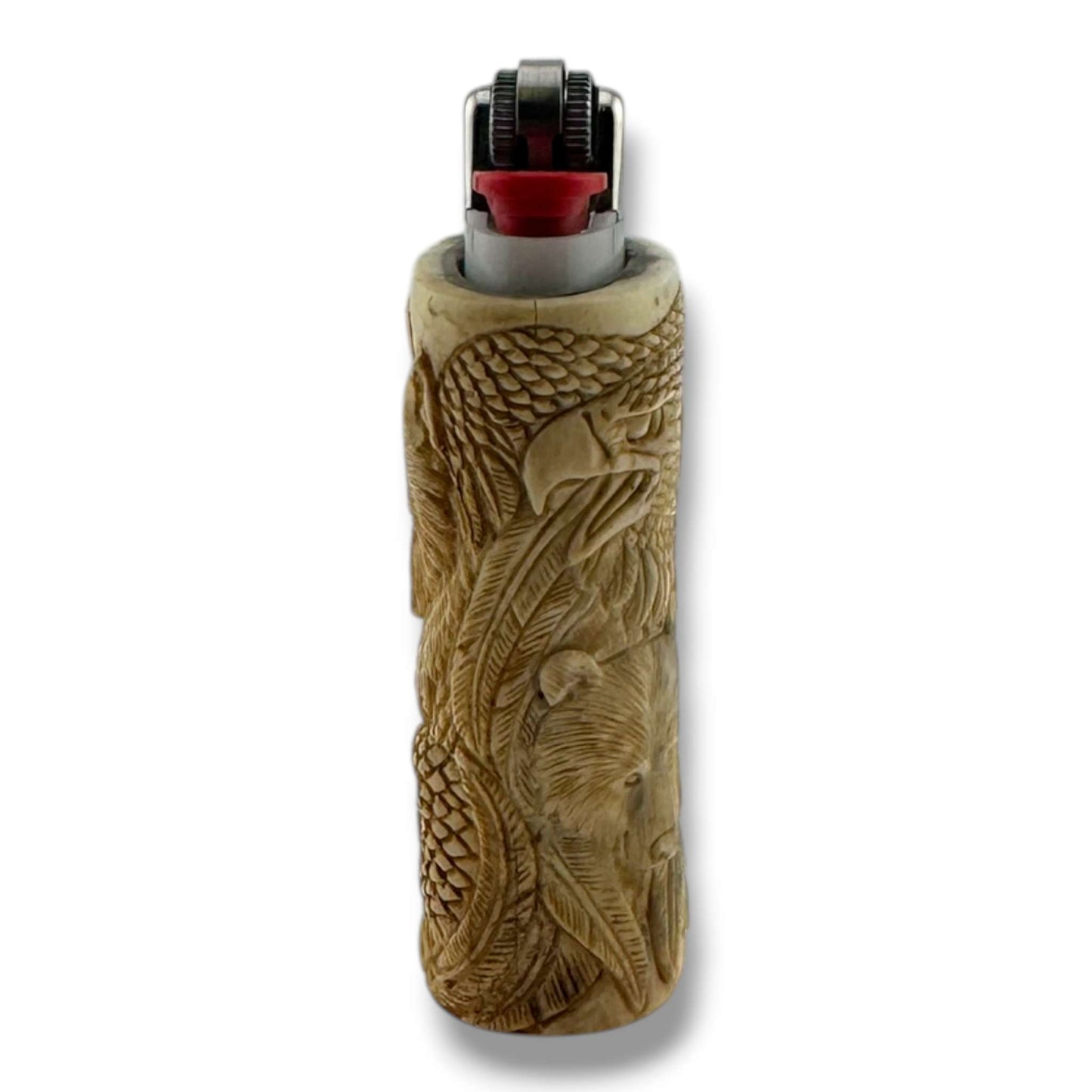 Hand Carved Wildlife Totem Lighter Case | Bear, Eagle & Wolf | Fits Large Bic - SunWest Treasures