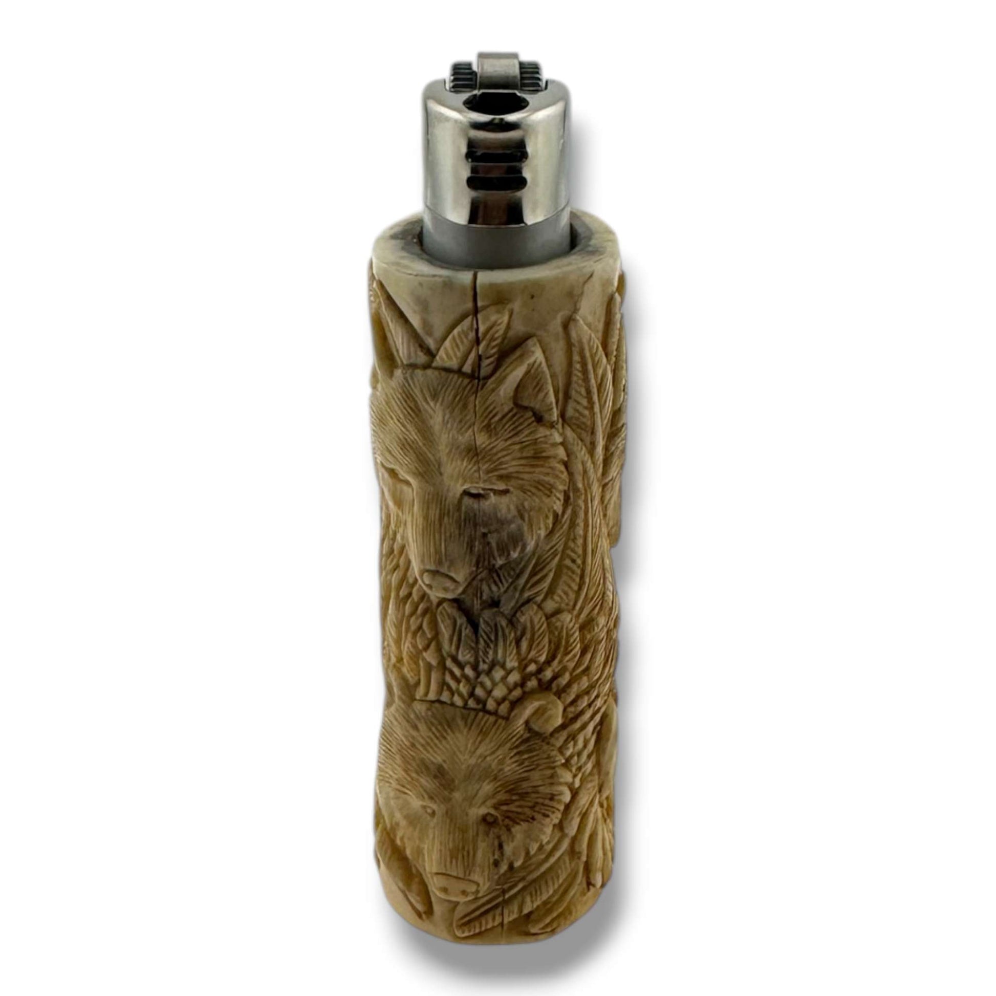 Hand Carved Wildlife Totem Lighter Case | Bear, Eagle & Wolf | Fits Large Bic - SunWest Treasures