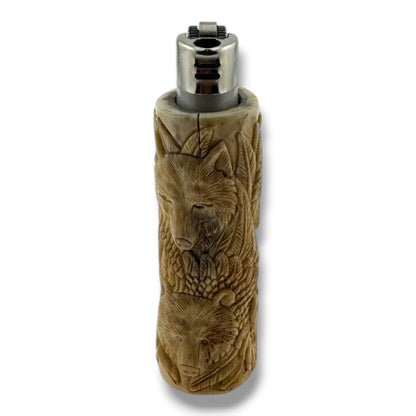 Hand Carved Wildlife Totem Lighter Case | Bear, Eagle & Wolf | Fits Large Bic - SunWest Treasures