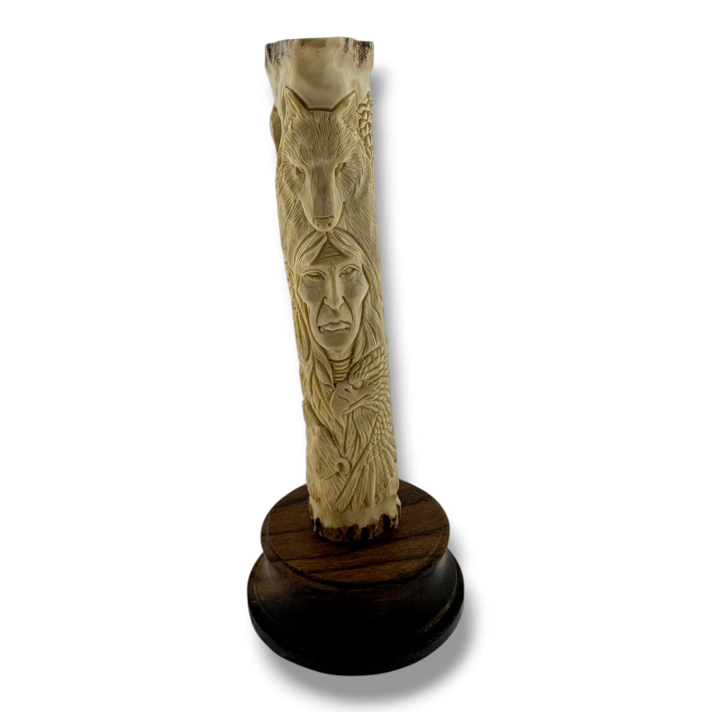 Hand Carved Chief & Wildlife Totem Figurine on Wood Base | Artisan Sculpture - SunWest Treasures