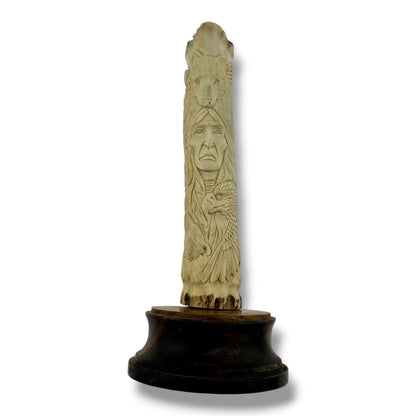 Hand Carved Chief & Wildlife Totem Figurine on Wood Base | Artisan Sculpture - SunWest Treasures