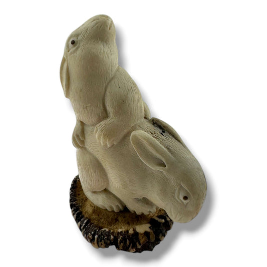 Hand Carved Playing Bunnies Figurine with Carved Base | Artisan Sculpture - SunWest Treasures