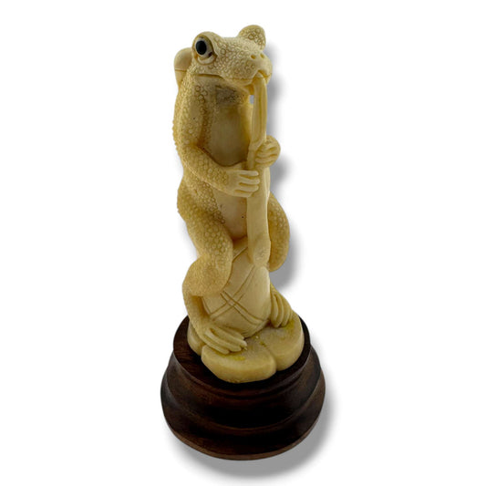 Hand Carved Frog Flute Musician Figurine on Wood Base | Artisan Sculpture - SunWest Treasures