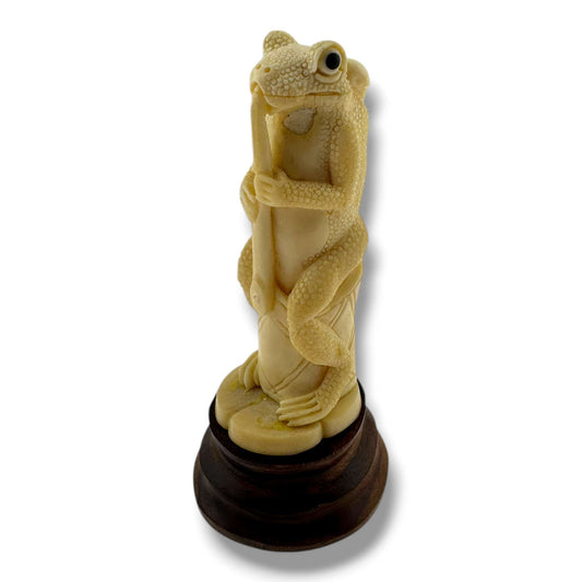 Hand Carved Frog Flute Musician Figurine on Wood Base | Artisan Sculpture - SunWest Treasures