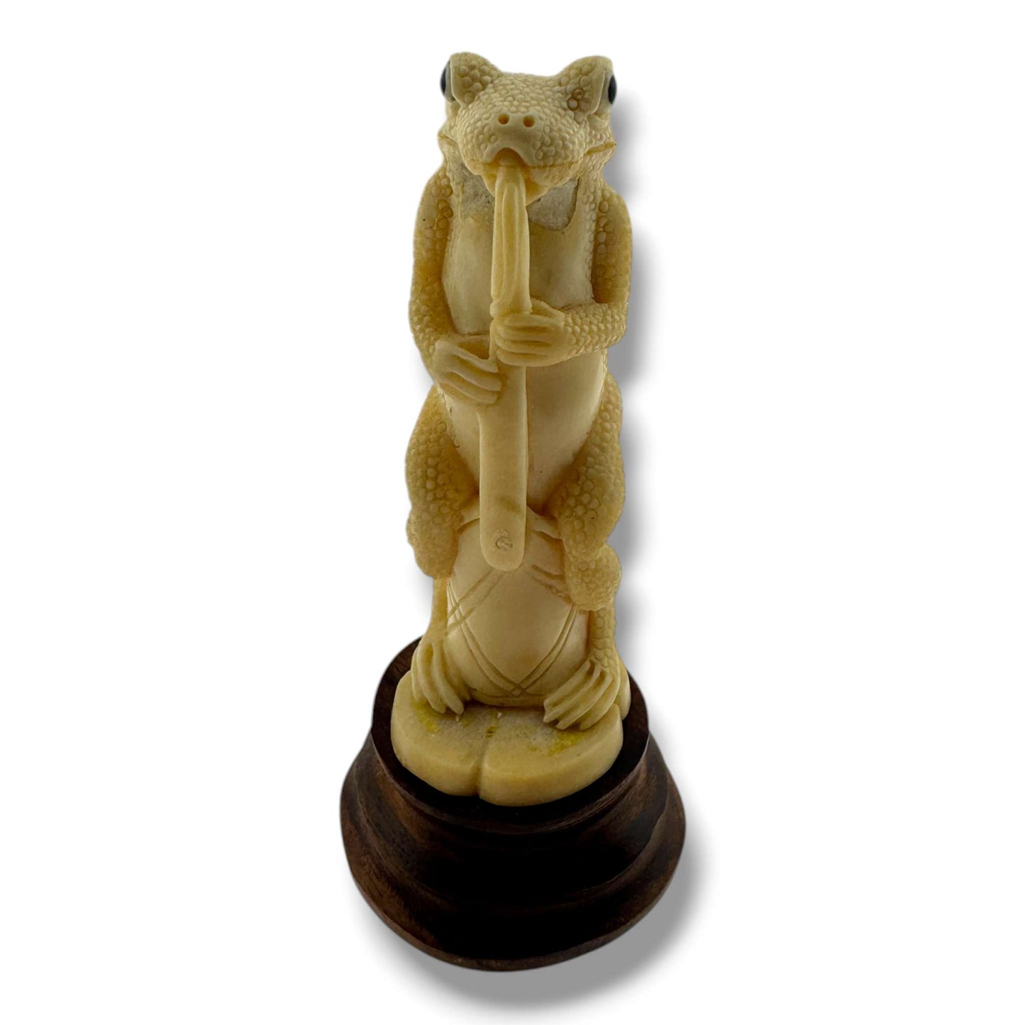 Hand Carved Frog Flute Musician Figurine on Wood Base | Artisan Sculpture - SunWest Treasures