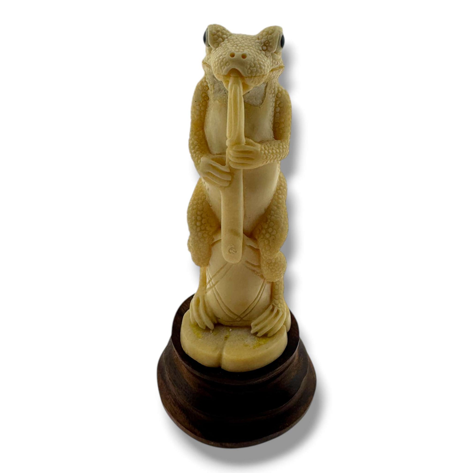 Hand Carved Frog Flute Musician Figurine on Wood Base | Artisan Sculpture - SunWest Treasures