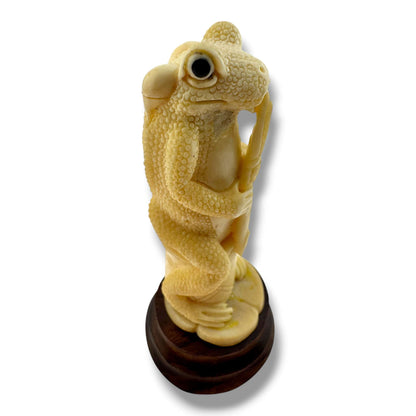 Hand Carved Frog Flute Musician Figurine on Wood Base | Artisan Sculpture - SunWest Treasures