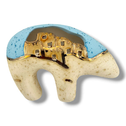 Bear Pueblo Pottery with Liquid Gold and Sky Blue Glaze by Luna