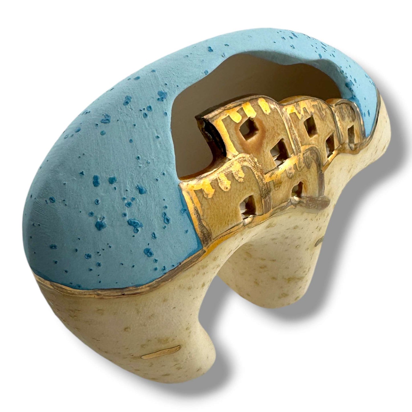 Bear Pueblo Pottery with Liquid Gold and Sky Blue Glaze by Luna