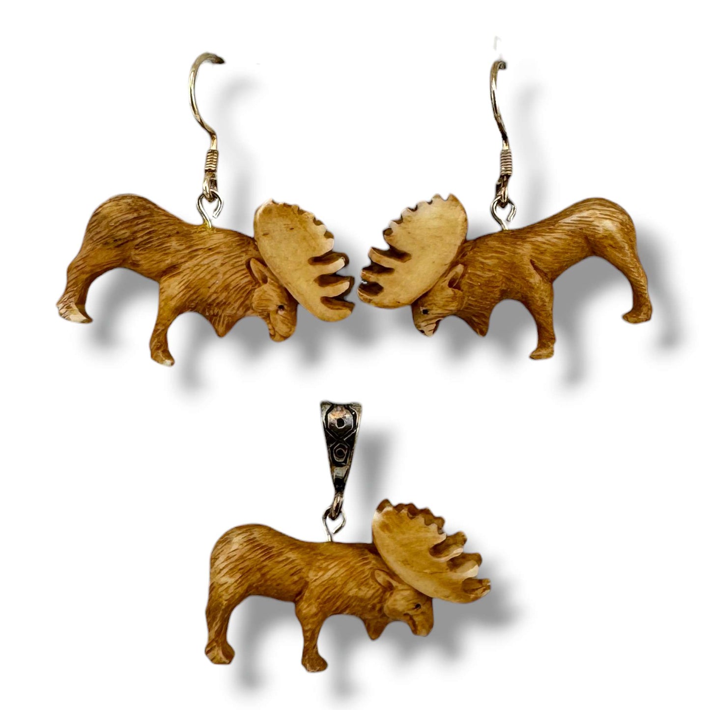 Hand-Carved Moose Earring and Pendant Set with Sterling Silver Hardware