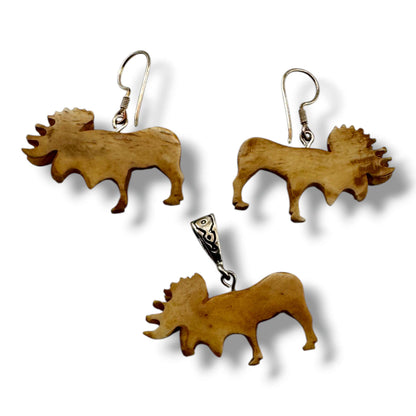 Hand-Carved Moose Earring and Pendant Set with Sterling Silver Hardware