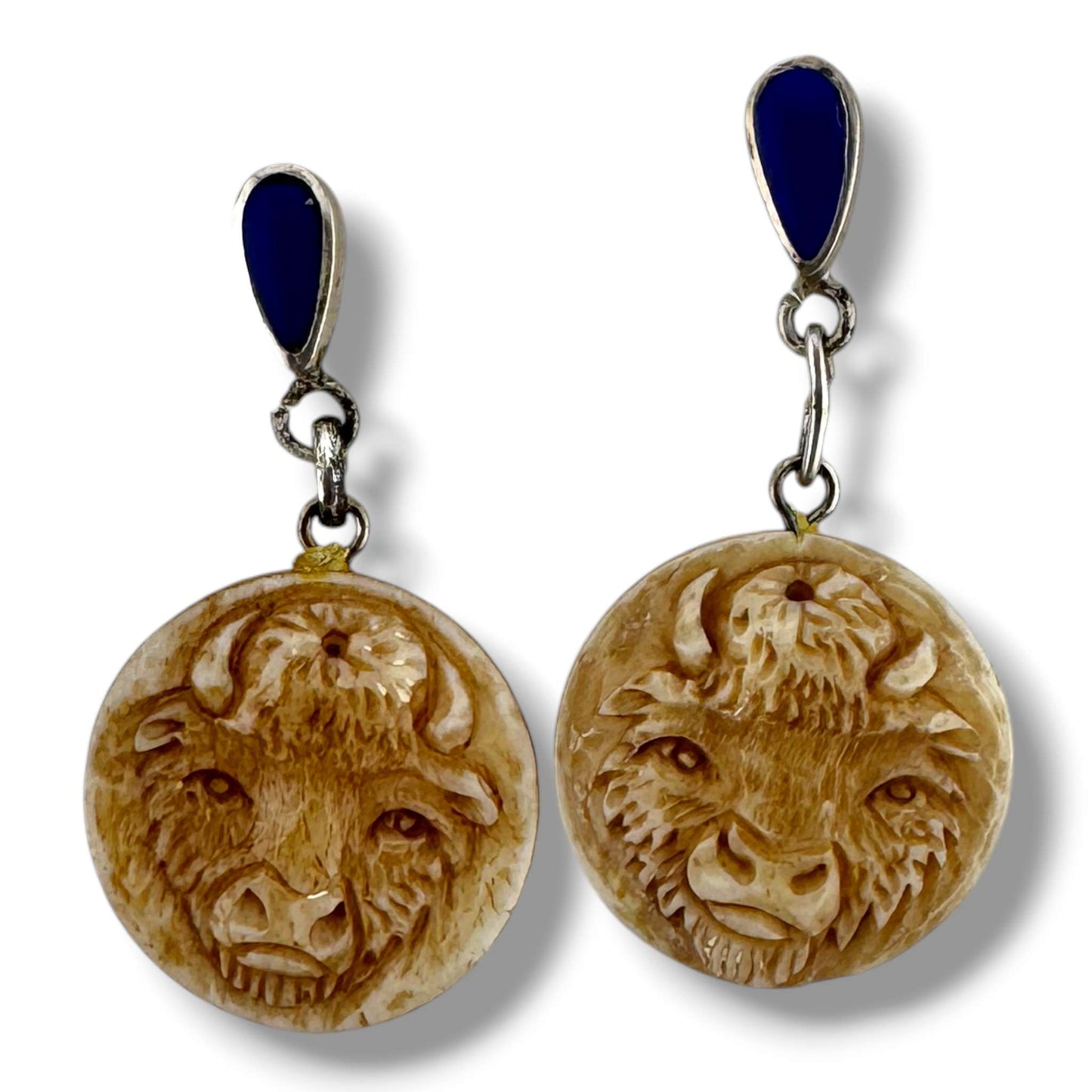 Hand-Carved Buffalo Round Disc Dangle Earrings with Lapis Sterling Silver Stud
