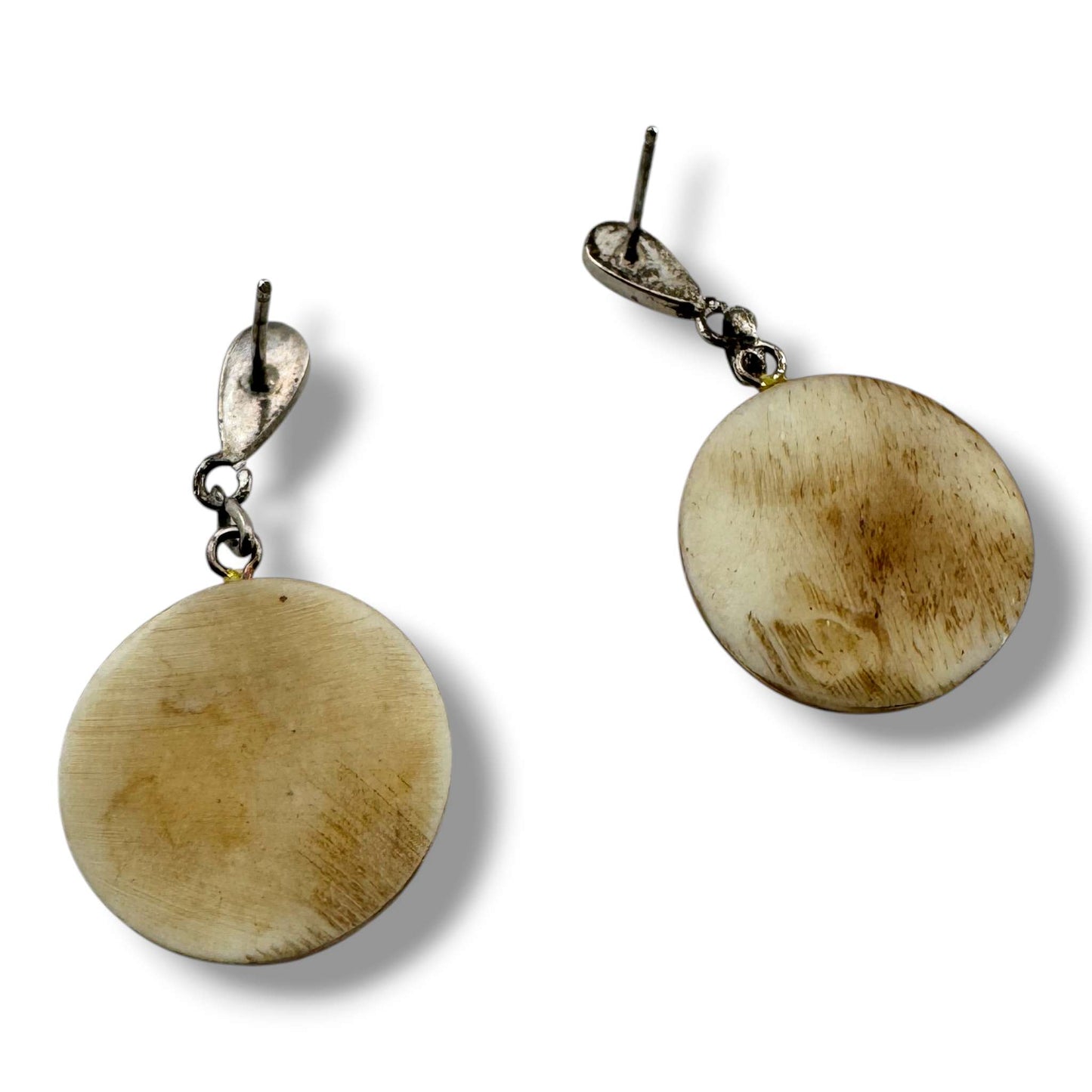Hand-Carved Buffalo Round Disc Dangle Earrings with Lapis Sterling Silver Stud