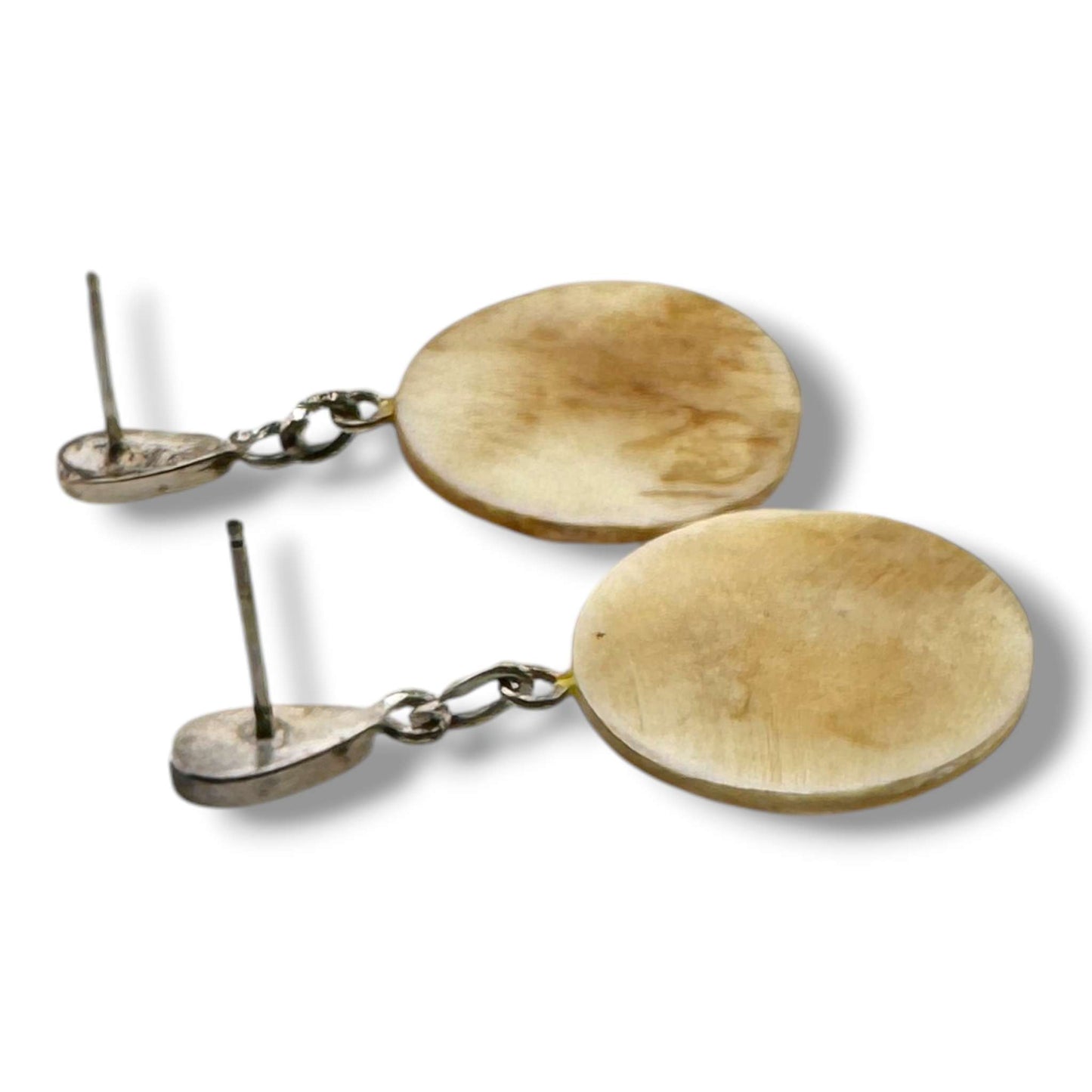 Hand-Carved Buffalo Round Disc Dangle Earrings with Lapis Sterling Silver Stud