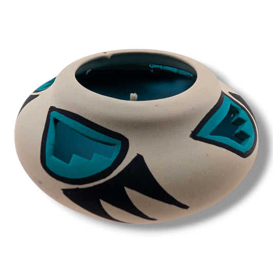 Acoma Blue Cutout Pottery Candle, Handcrafted by Micky - SunWest Treasures