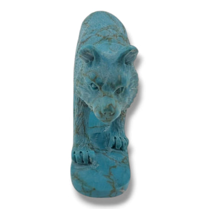 Handcrafted Block Turquoise Wolf Table Carving