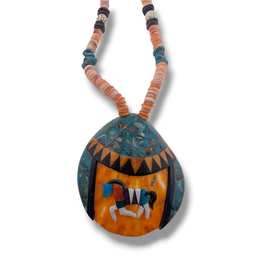 Handcrafted Shell Mosaic Inlay Running Horse Necklace