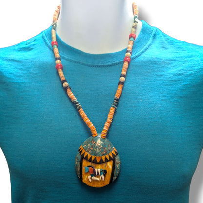 Handcrafted Shell Mosaic Inlay Running Horse Necklace