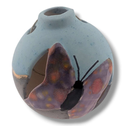 Pottery Butterfly Ornament, Purple and Gold, Handcrafted by Luna