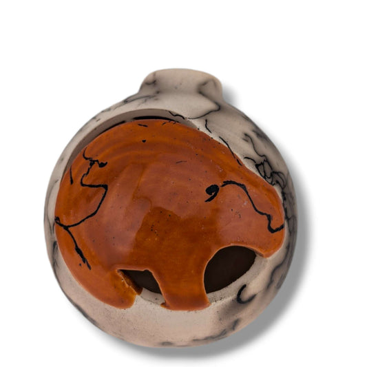 Horse Hair Pottery Bear Ornament, Orange Brown Glaze, Handcrafted by Luna