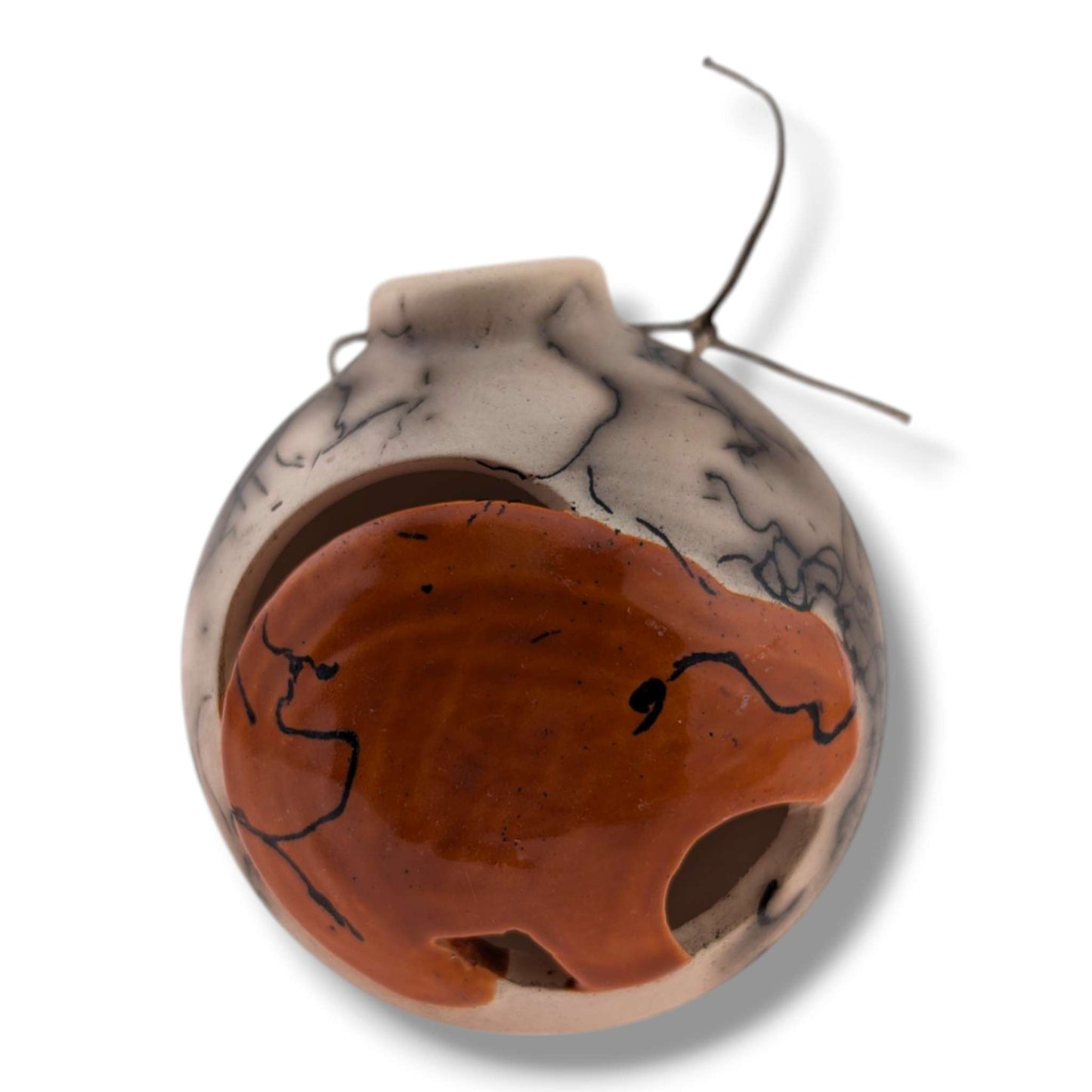 Horse Hair Pottery Bear Ornament, Orange Brown Glaze, Handcrafted by Luna