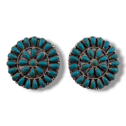 Navajo Turquoise Round Large Cluster Sterling Silver Earrings