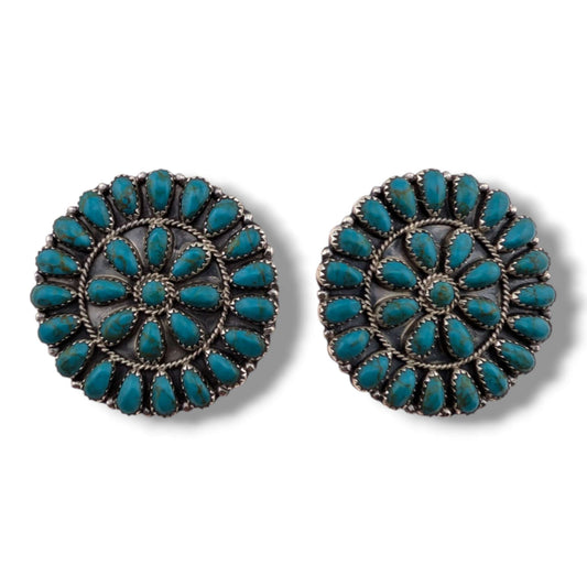 Navajo Turquoise Round Large Cluster Sterling Silver Earrings