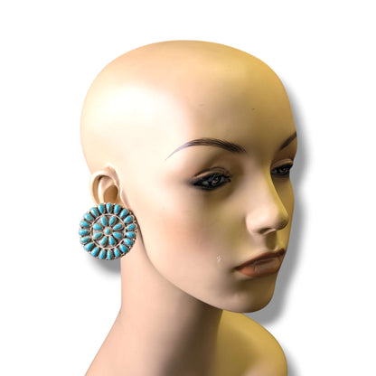 Navajo Turquoise Round Large Cluster Sterling Silver Earrings