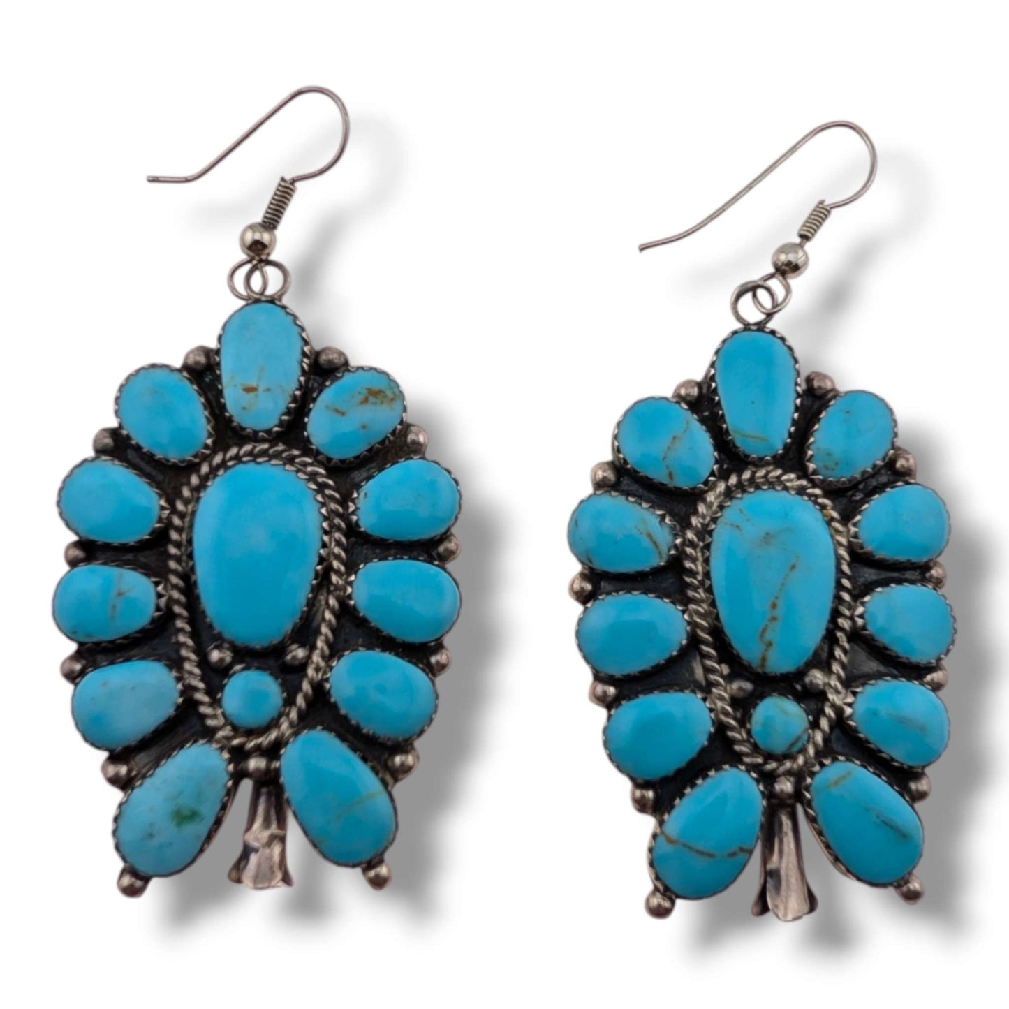 Navajo Turquoise Cluster Squash Blossom Style Earrings
