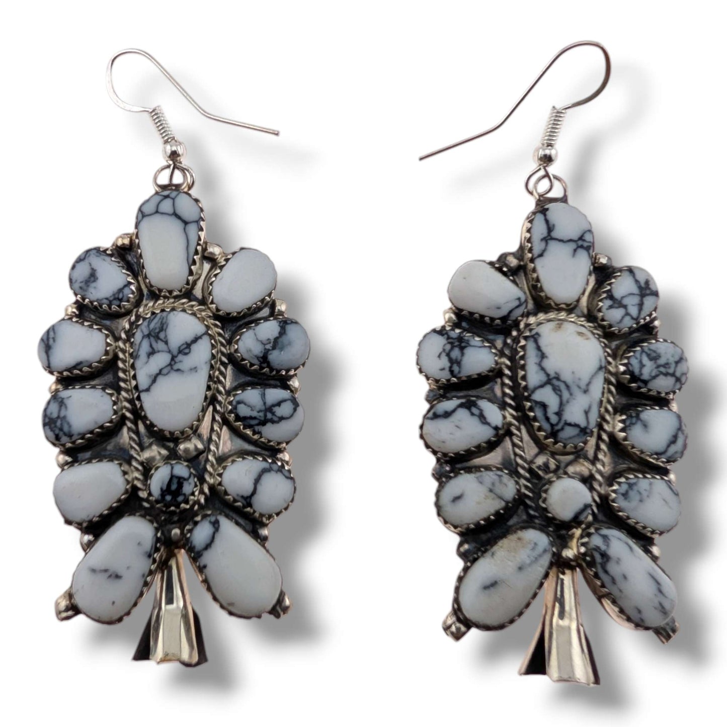Navajo Large White Buffalo Cluster Squash Blossom Earrings by J.P. Begay