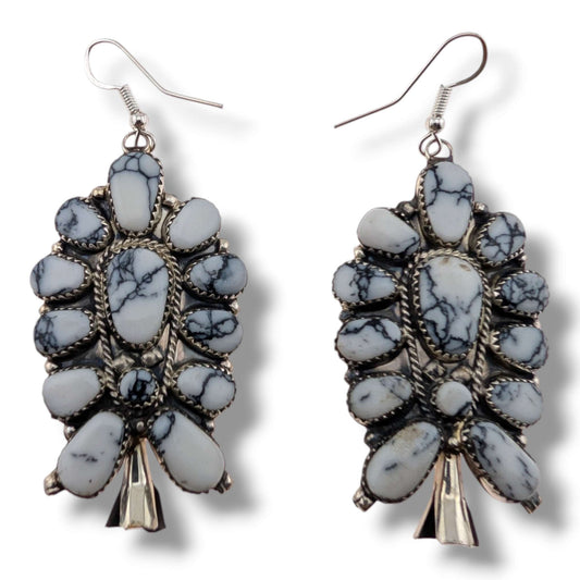 Navajo Large White Buffalo Cluster Squash Blossom Earrings by J.P. Begay