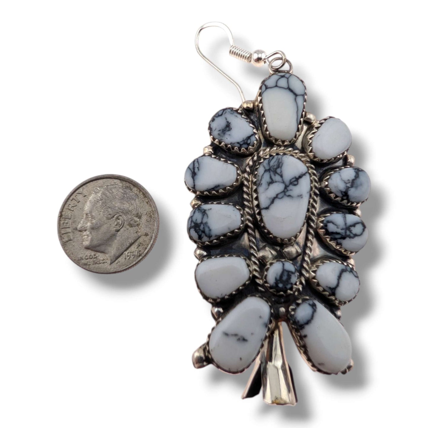 Navajo Large White Buffalo Cluster Squash Blossom Earrings by J.P. Begay