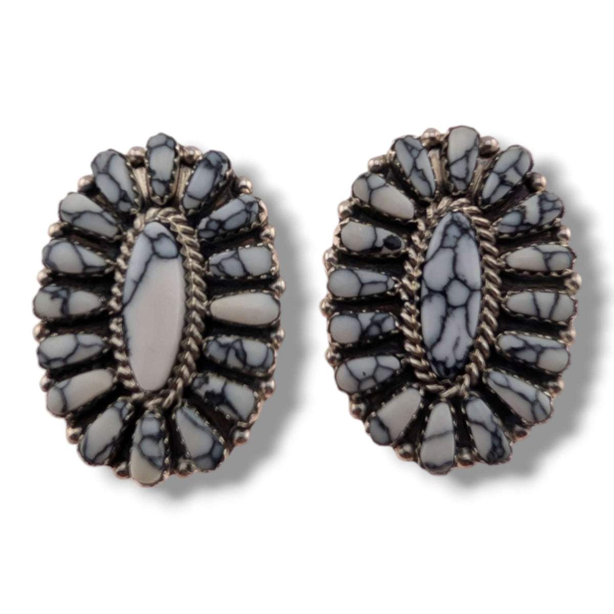 Navajo Turquoise and White Buffalo Cluster Oval Earrings