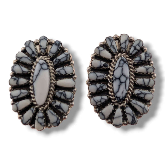 Navajo Turquoise and White Buffalo Cluster Oval Earrings