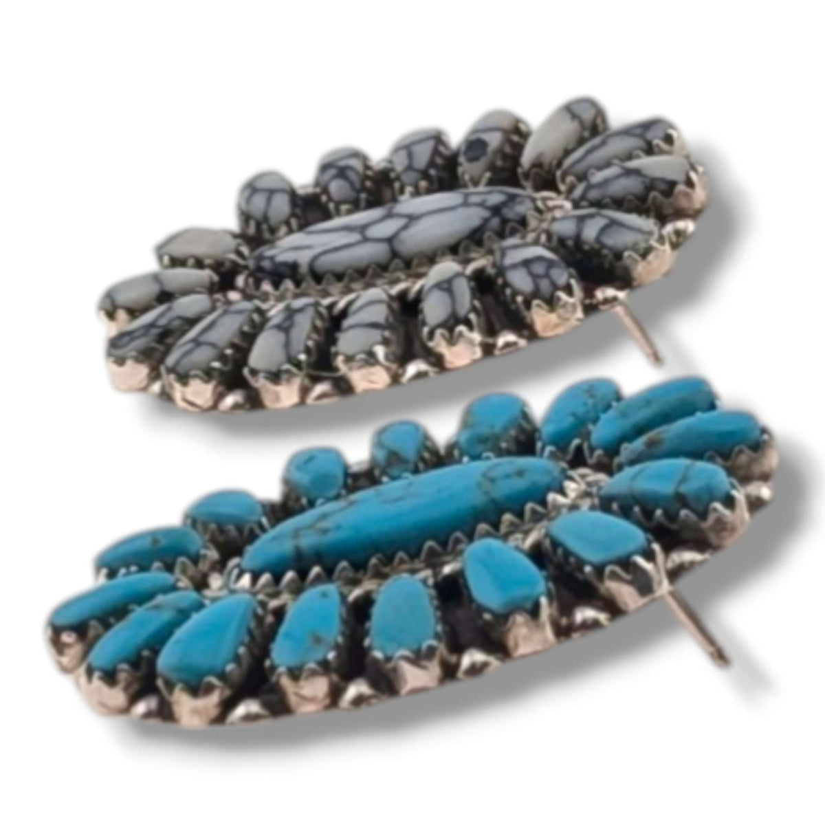 Navajo Turquoise and White Buffalo Cluster Oval Earrings