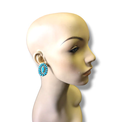 Navajo Turquoise and White Buffalo Cluster Oval Earrings