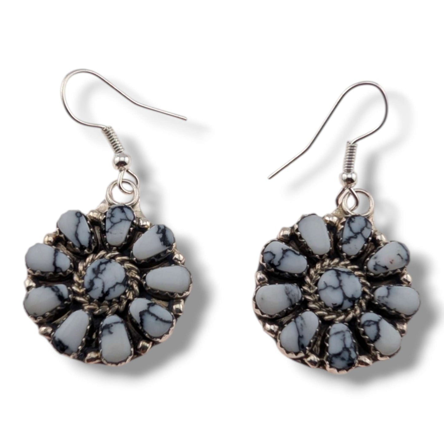 Navajo White Buffalo Cluster Sterling Silver Earrings by Jerome Begay