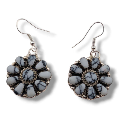 Navajo White Buffalo Cluster Sterling Silver Earrings by Jerome Begay
