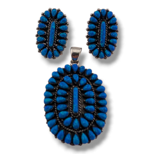 Sterling Silver Blue Opal Cluster Earring and Pendant Set