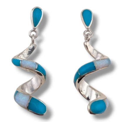 Sterling Silver Inlay Scroll Earrings with Opal Accents