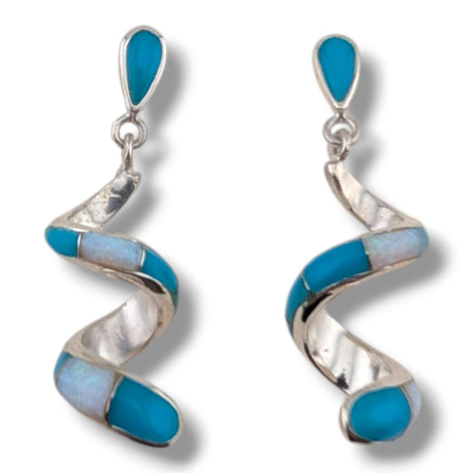 Sterling Silver Inlay Scroll Earrings with Opal Accents