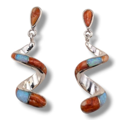 Sterling Silver Inlay Scroll Earrings with Opal Accents
