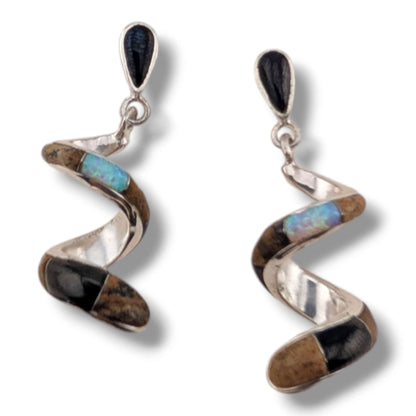 Sterling Silver Inlay Scroll Earrings with Opal Accents